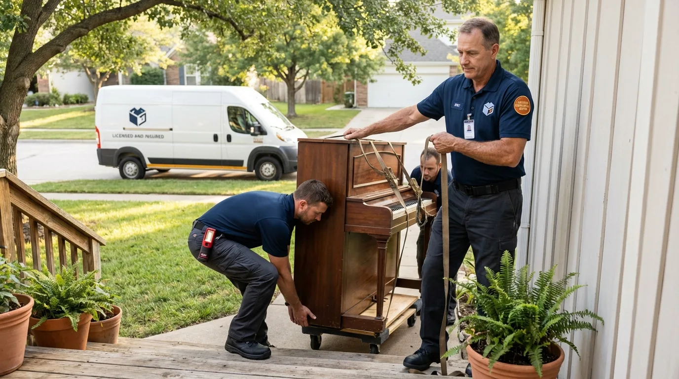Licensed piano movers securing grand piano in Salem, MA