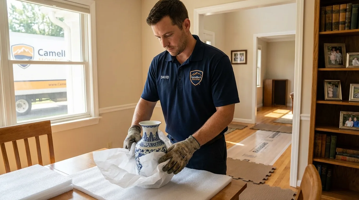 Professional crew carefully wrapping antique vase for senior downsizing move in Salem, MA